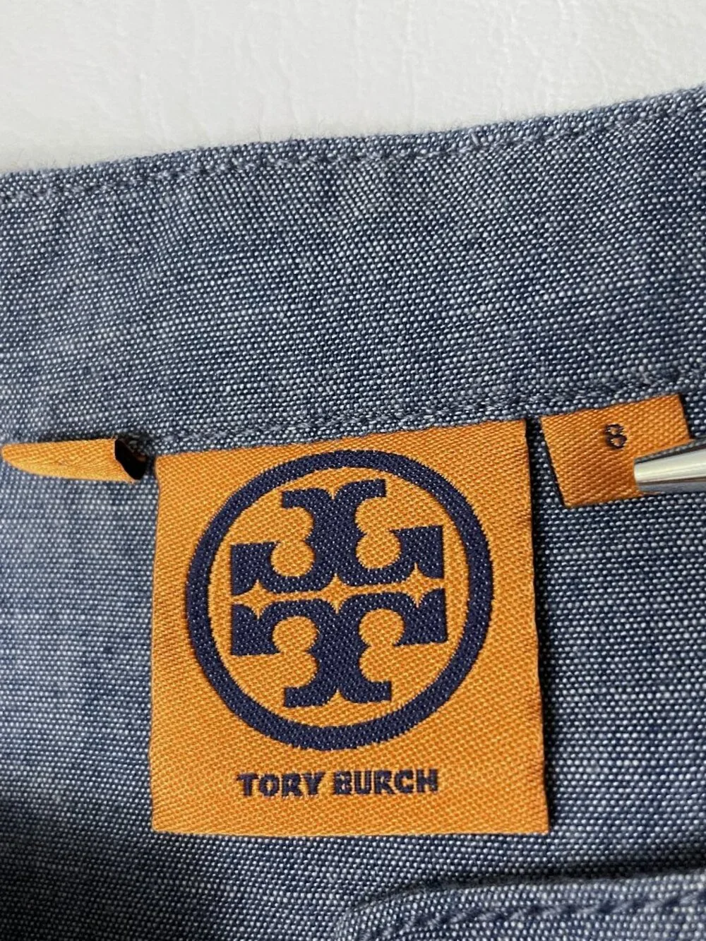 Tory Burch Tunic Blouse Top Sz 8 Med Embroidered Blue Chambray Geometric Cotton